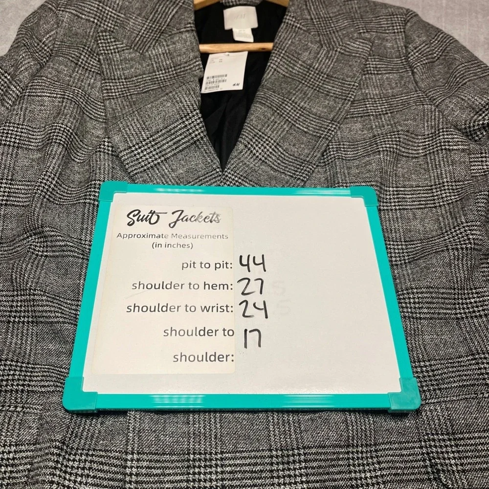H&M Plaid Double Breasted Blazer Suit Jacket Women 14 Gray Black White NWT Heavy
